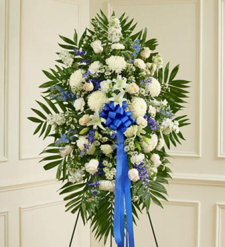 Deepest Sympathies Blue & White Standing Spray